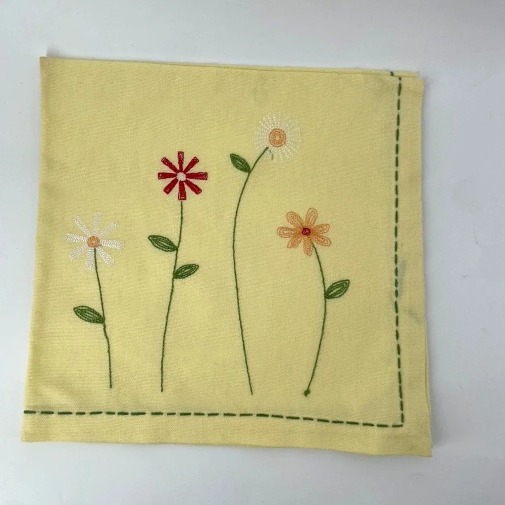 TAG‎ Napkins Cloth Fabric 6 Cotton Embroidered Flowers Yellow Spring Large 20x20